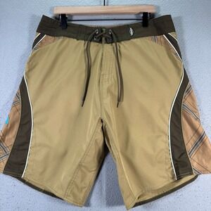 Vintage Sims‎ Board Shorts Mens 36 Green Brown Island Swim Trunks Classic Y2K
